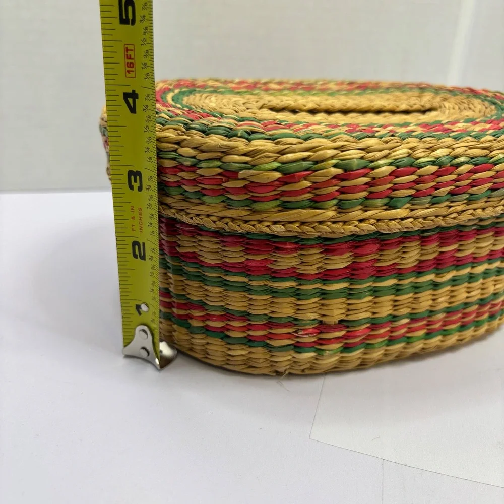 Two Vtg Hand Woven Basket Set Round Multicolored Splint and Oval Lidded Seagrass